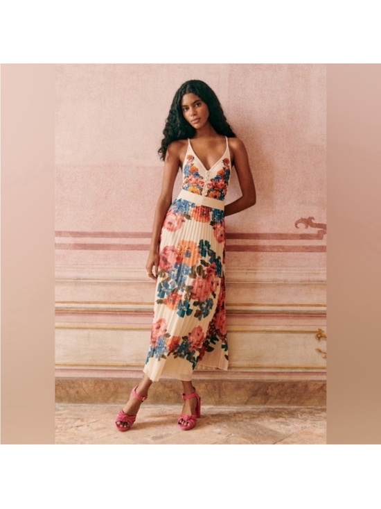 Sezane Dresses & Skirts - SEZANE Dilona Skirt Maxi Roses Floral Pleated Midi High Waisted Cream Pink